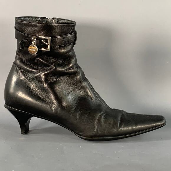 PRADA Size 7 Black Leather Kitten Heel Side Zipper Belted Ankle Boots - Picture 2 of 10